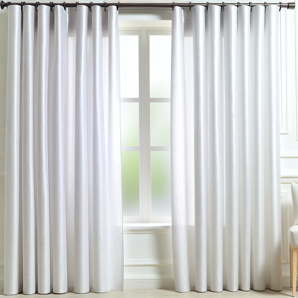 Rideau blanc en tissu léger avec plis réguliers, suspendu à une tringle noire, devant une fenêtre dans une pièce lumineuse aux murs blancs.