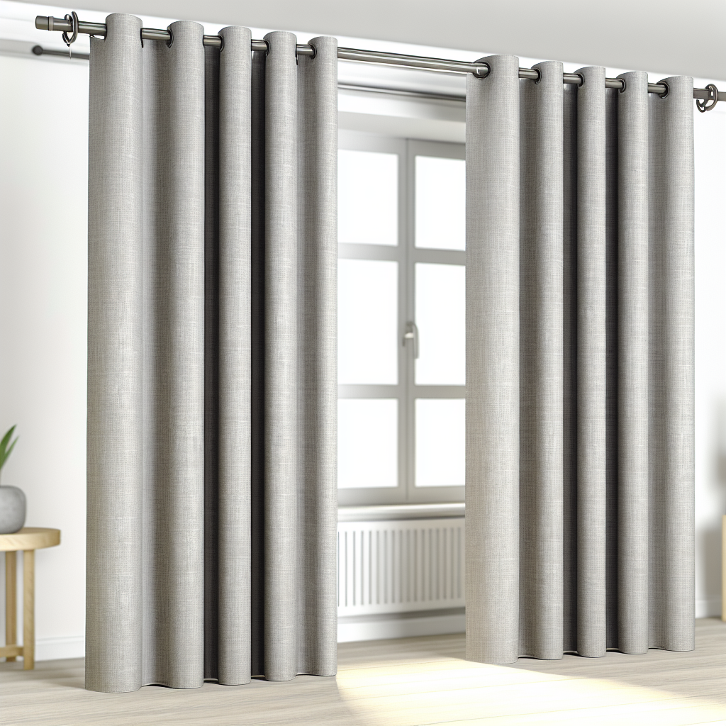 Rideau gris clair en tissu texturé avec plis ondulés, suspendu à une tringle métallique dans une pièce lumineuse avec fenêtre et parquet.