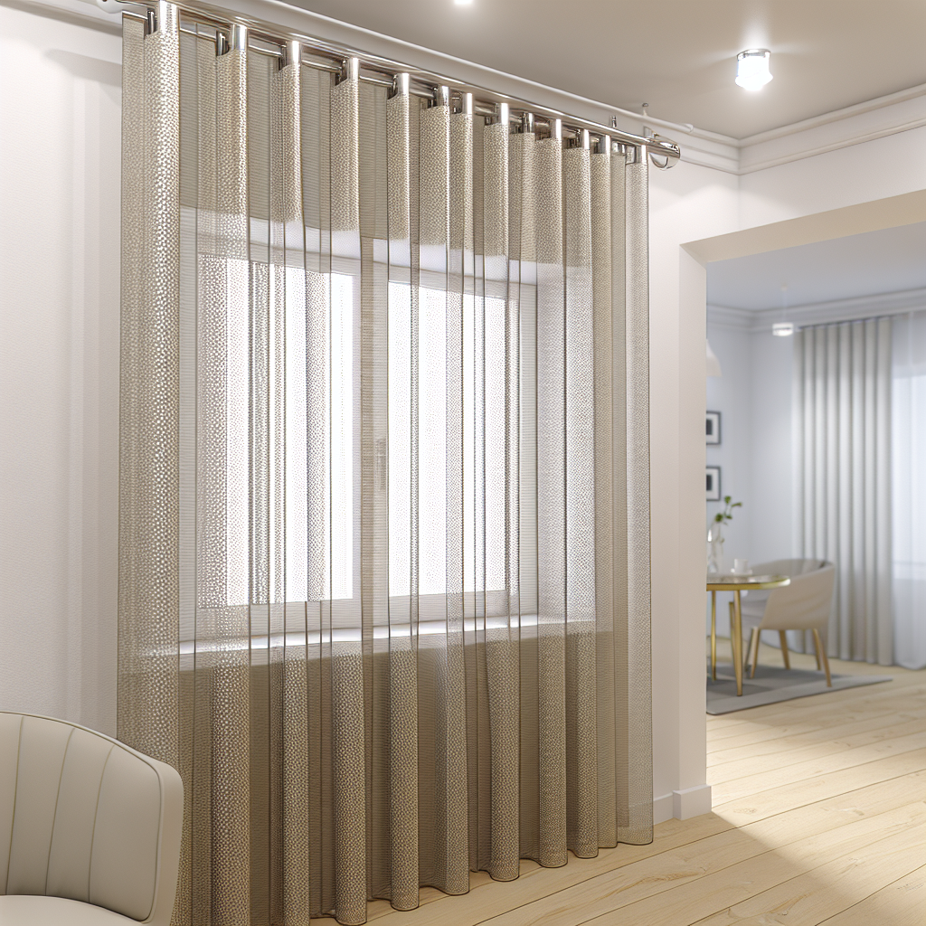 Rideau en tissu transparent beige avec motifs fins, plis réguliers, tringle métallique, dans un salon moderne aux murs blancs et sol en b...