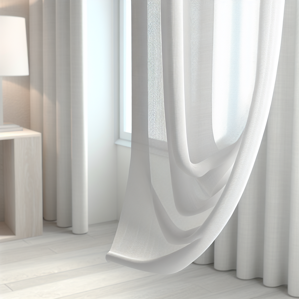 Rideau en voile blanc semi-transparent avec plis souples, lumière douce filtrant à travers, dans une pièce lumineuse avec sol en bois clair.