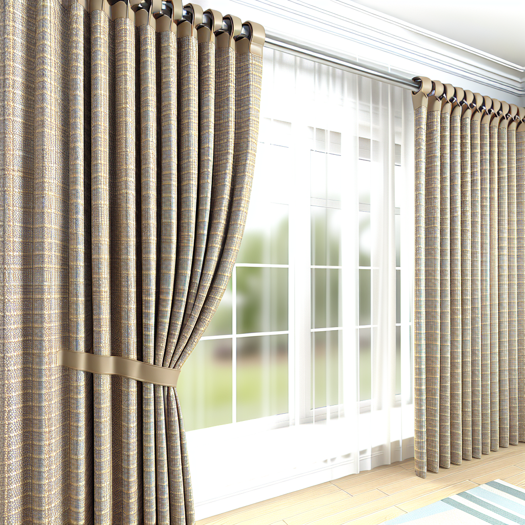 Rideau à motifs carreaux beige et bleu, tissu épais, plis réguliers, tringle métallique, lumière naturelle, dans un salon lumineux.