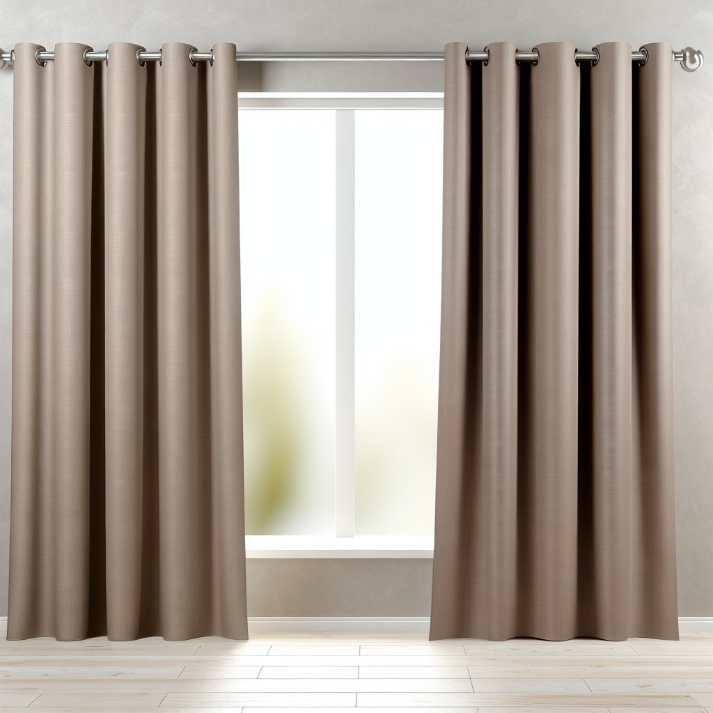 Rideau beige uni en tissu épais avec plis réguliers, suspendu à une tringle métallique dans une pièce aux murs et sol clairs.