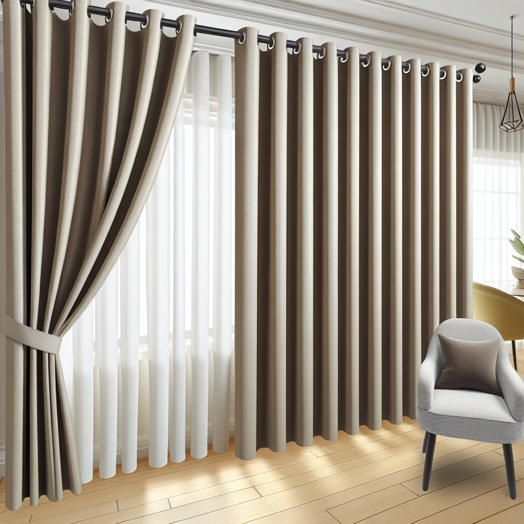 Rideau beige épais avec plis réguliers, tringle noire, voilage blanc derrière, dans un salon lumineux avec parquet clair et fauteuil gris.