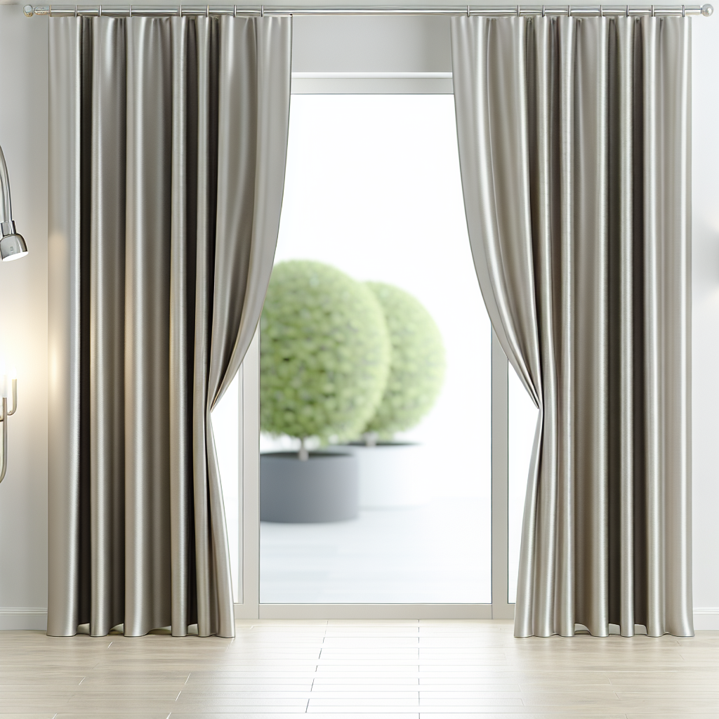 Rideau en tissu satiné gris clair avec plis réguliers, suspendu à une tringle métallique dans une pièce lumineuse avec sol en bois clair.