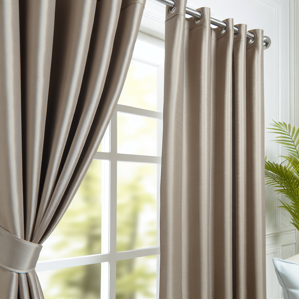 Rideau beige satiné avec plis réguliers, tringle métallique, dans une pièce lumineuse avec plante verte et fenêtre à carreaux.