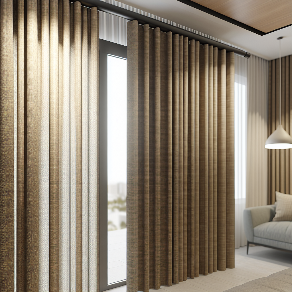 Rideau en tissu marron texturé avec plis réguliers, tringle noire, dans un salon moderne avec canapé gris et lumière naturelle douce.