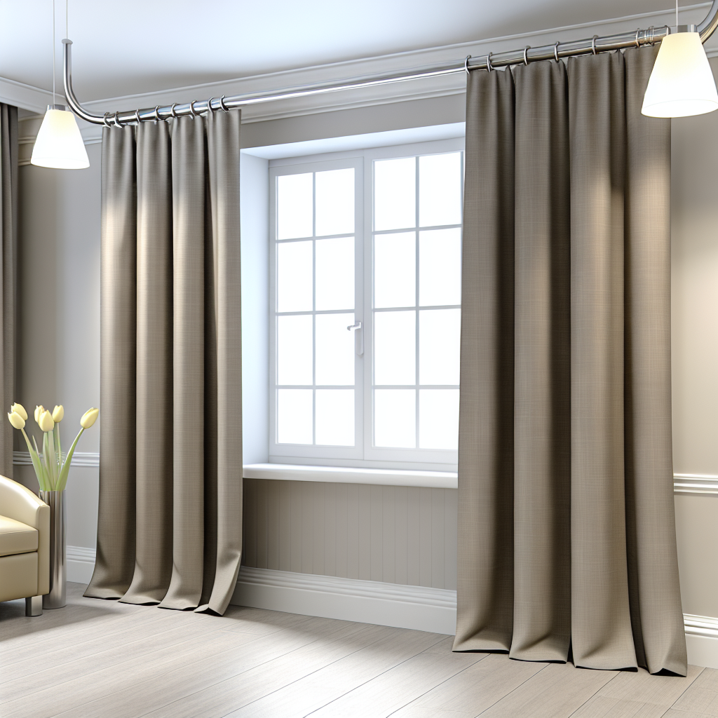 Rideau en tissu beige uni avec plis droits, suspendu à une tringle métallique dans un salon moderne aux murs clairs, éclairage doux.