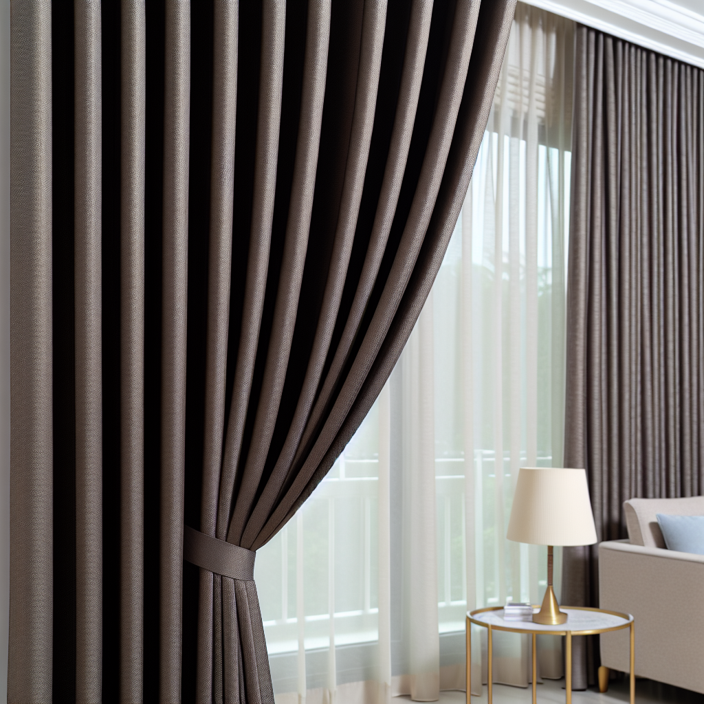 Rideau en tissu marron foncé avec plis réguliers, tringle blanche, voilage blanc derrière, dans un salon moderne avec lampe et canapé.