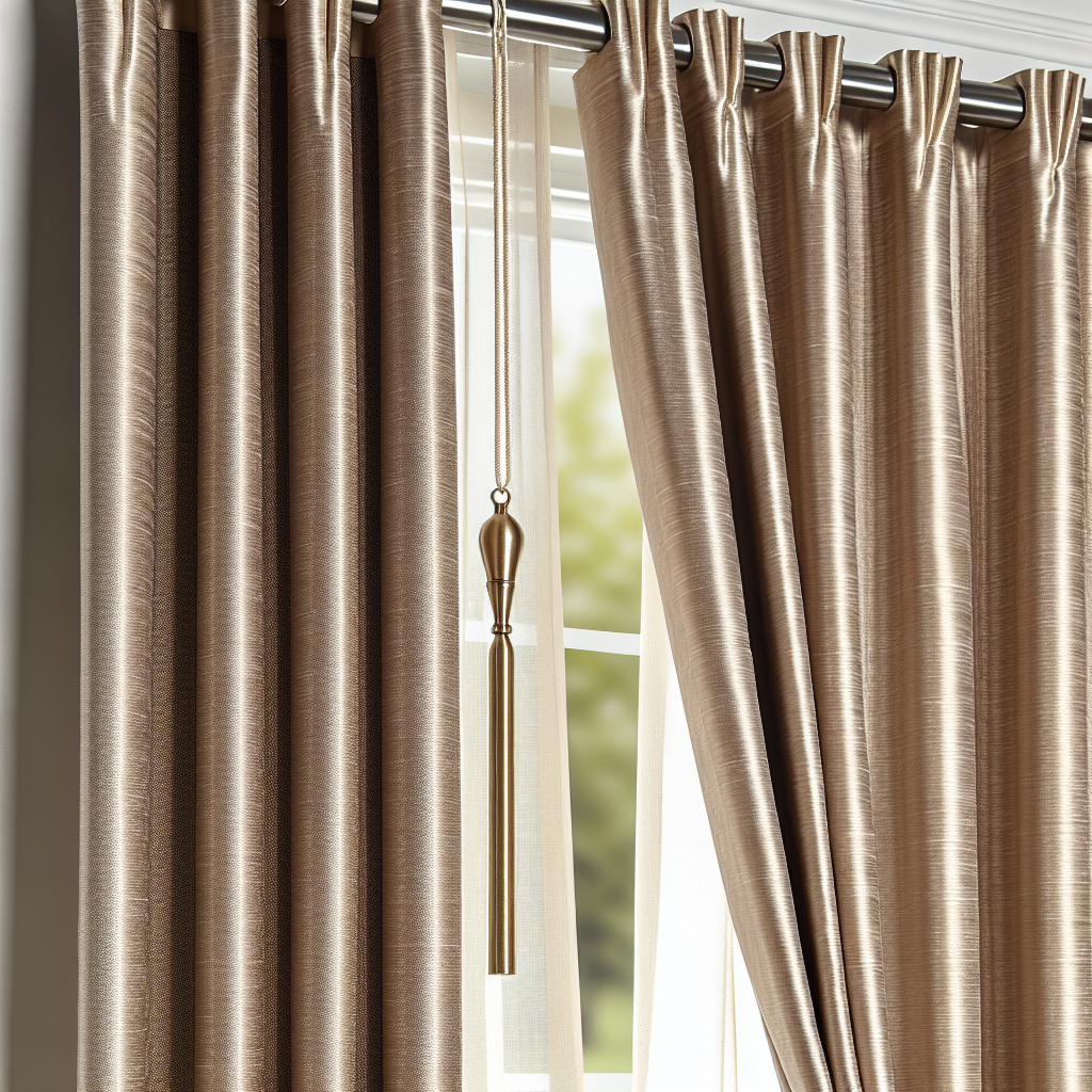 Rideau en tissu beige brillant avec plis réguliers, tringle métallique argentée, lumière naturelle filtrant à travers, fenêtre en arrière...