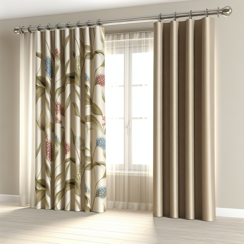 Rideau à motifs floraux colorés et beige uni, plis réguliers, tringle métallique, dans une pièce lumineuse aux murs clairs.