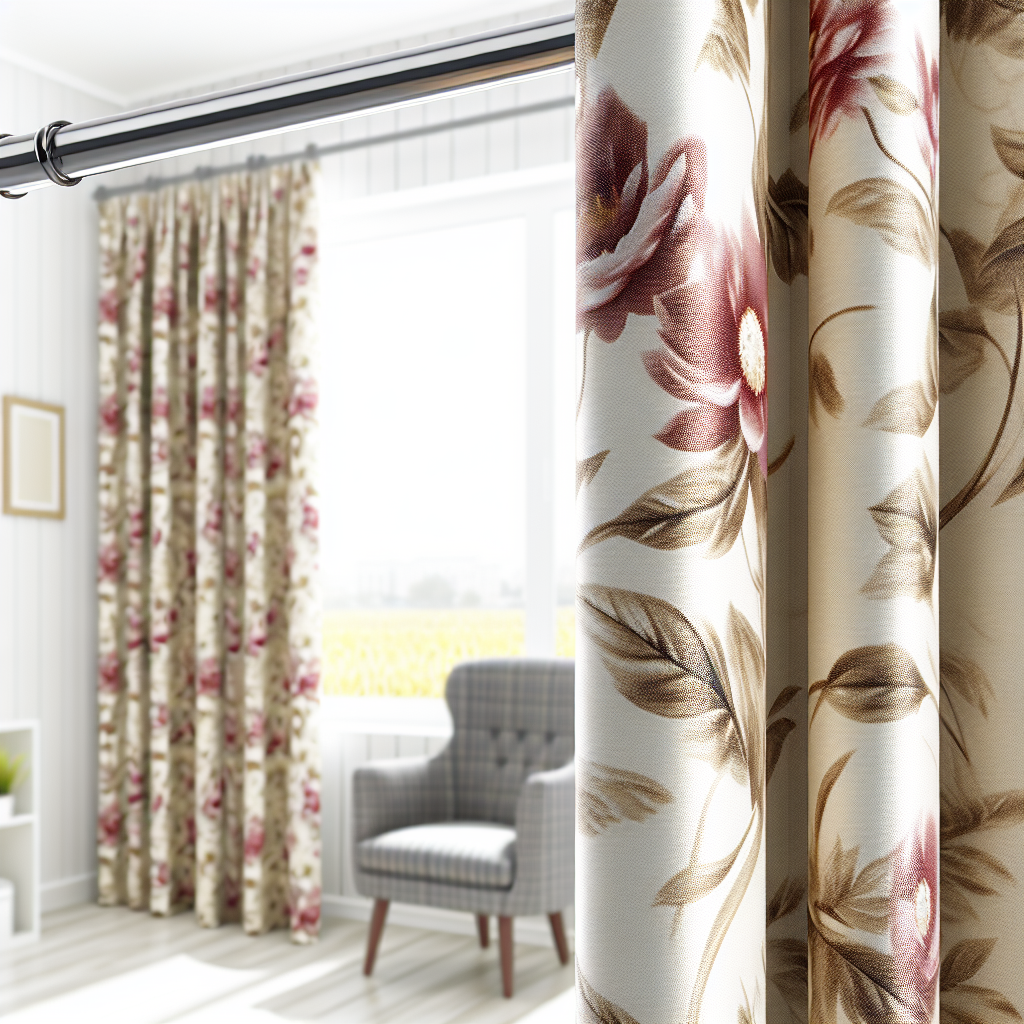 Rideau à motifs floraux rouges et bruns sur fond beige, plis souples, tringle métallique, dans un salon lumineux avec fauteuil gris.