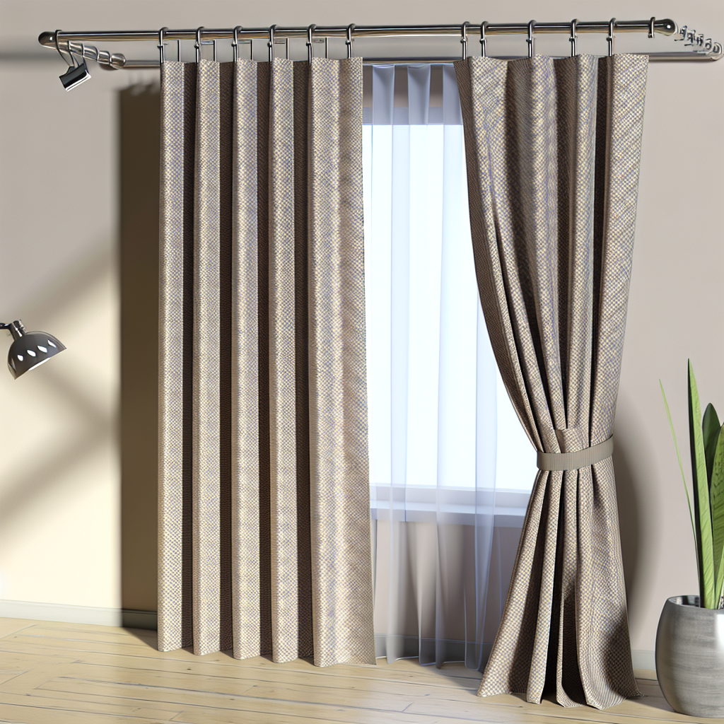 Rideau en tissu texturé beige avec motifs géométriques, plis droits, tringle métallique, dans une pièce lumineuse avec sol en bois clair.