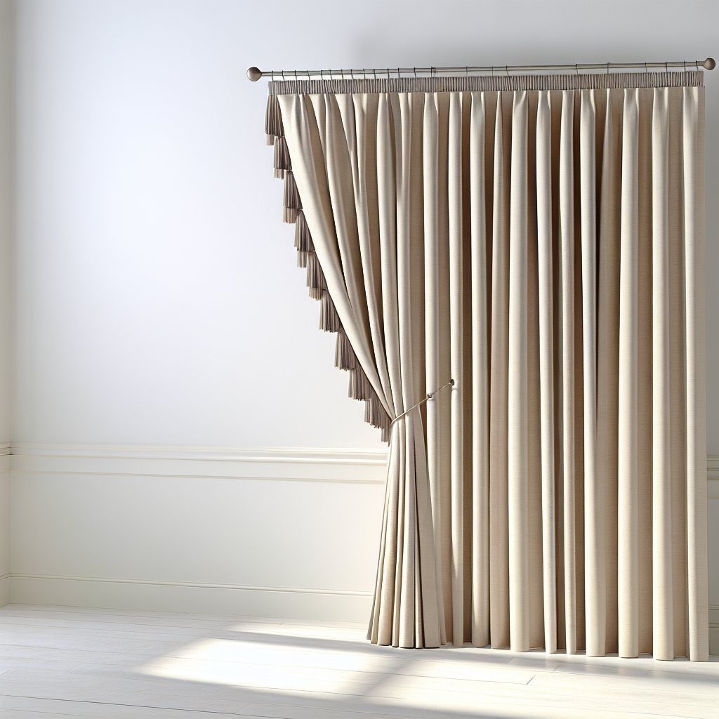 Rideau beige clair en tissu épais avec plis réguliers, tringle métallique, dans une pièce aux murs blancs et sol en bois clair, éclairage...