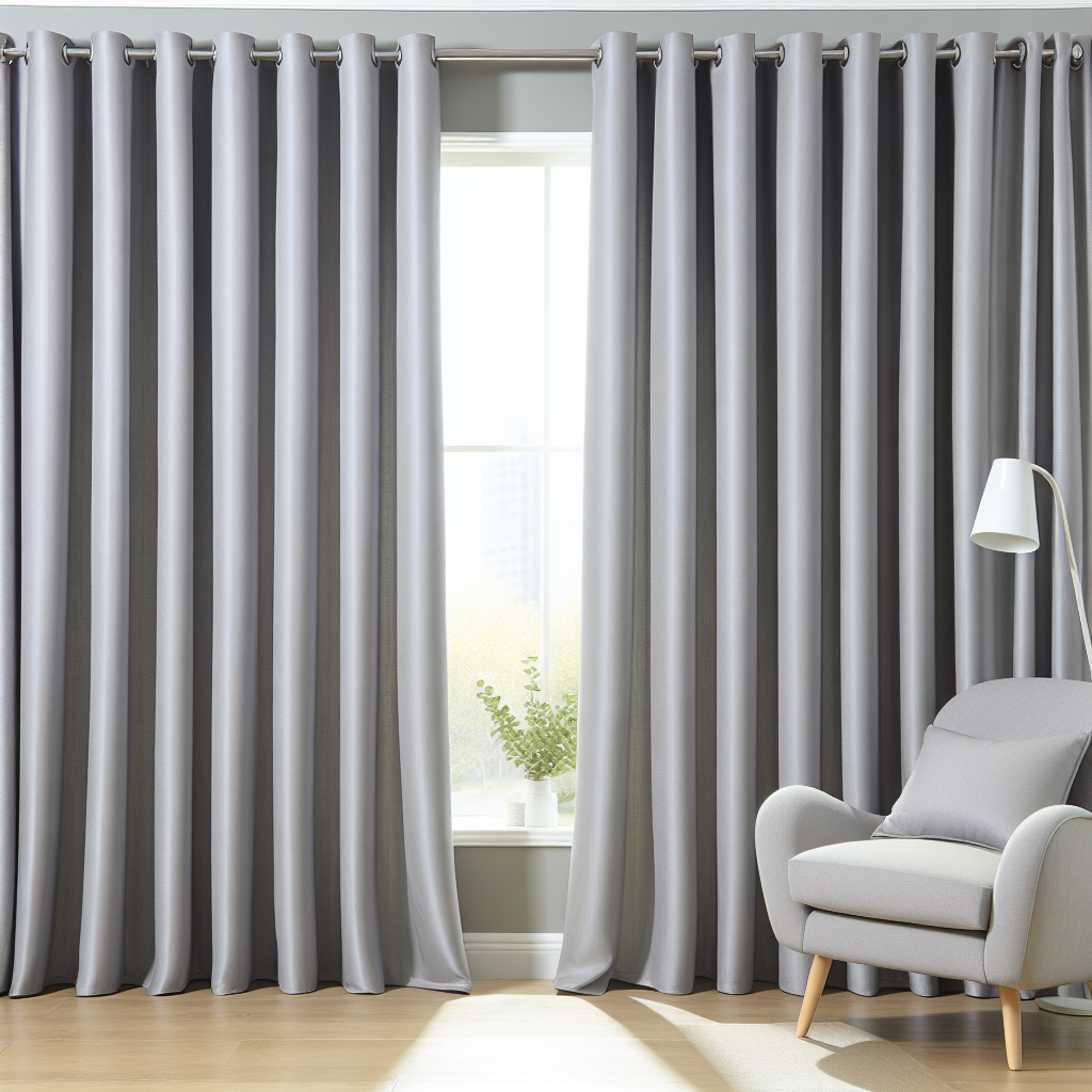 Rideau gris clair en tissu épais avec plis réguliers, tringle métallique, dans un salon lumineux avec fauteuil gris et lampe blanche.