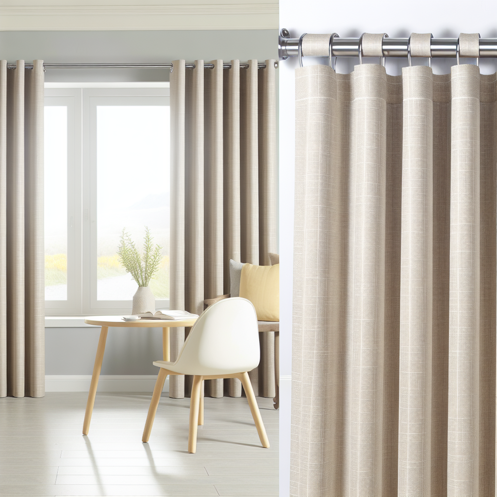 Rideau beige texturé avec plis réguliers, suspendu à une tringle métallique dans un salon moderne avec table et chaise claires.