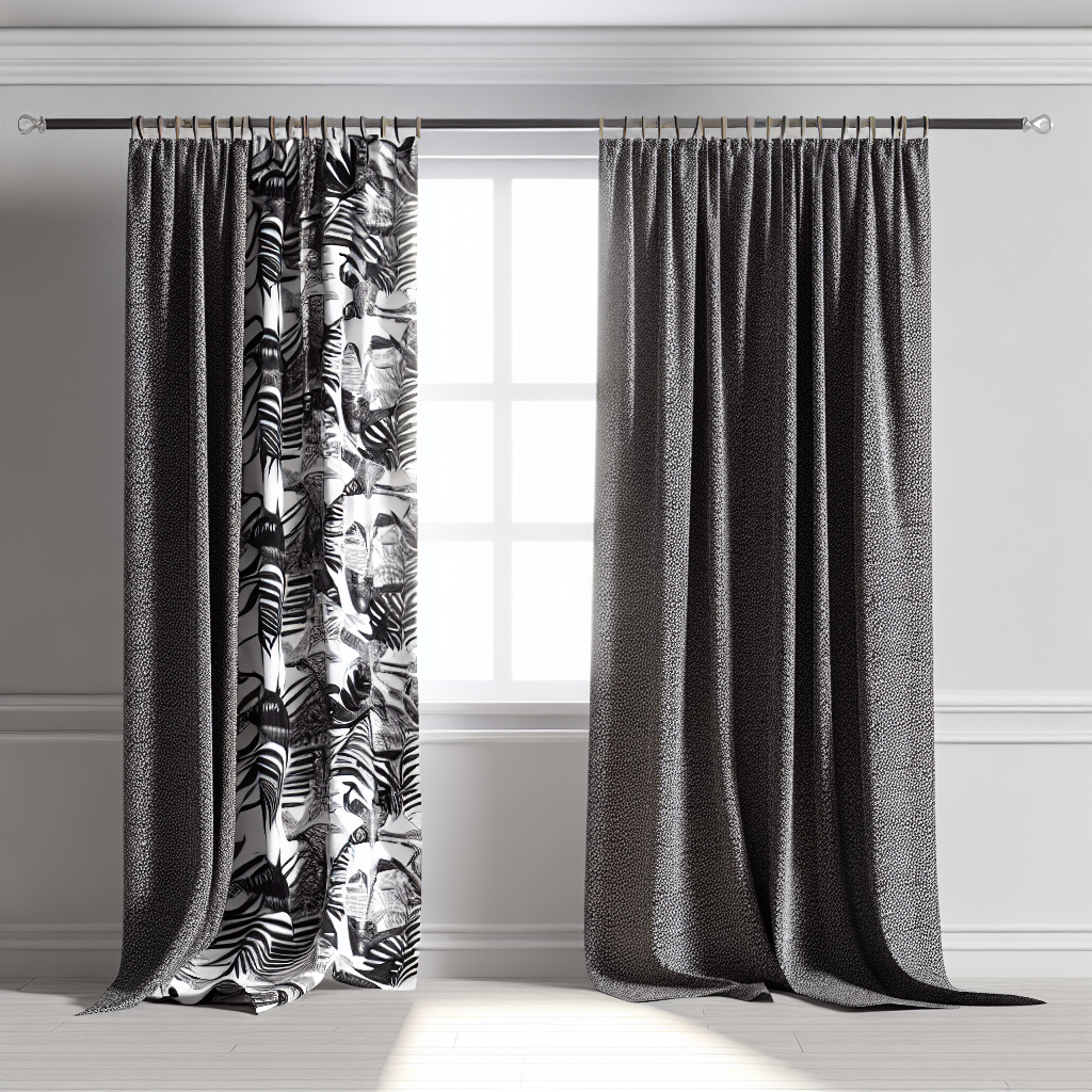 Rideau à motifs végétaux noir et blanc et rideau noir texturé, plis souples, tringle argentée, lumière naturelle dans pièce blanche.
