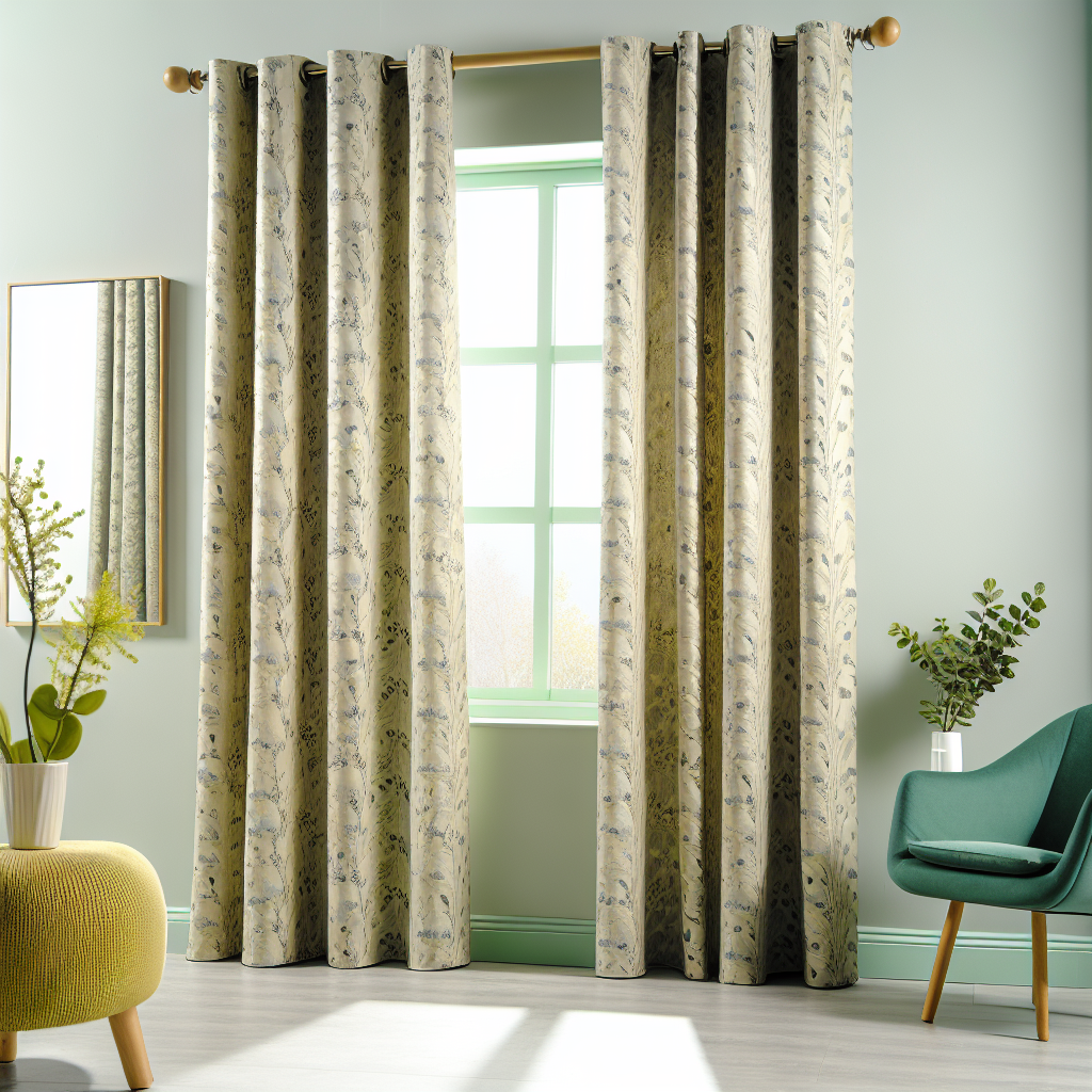 Rideau beige à motifs floraux bleus, plis réguliers, tringle en bois clair, dans une pièce aux murs verts avec fauteuil et plantes.
