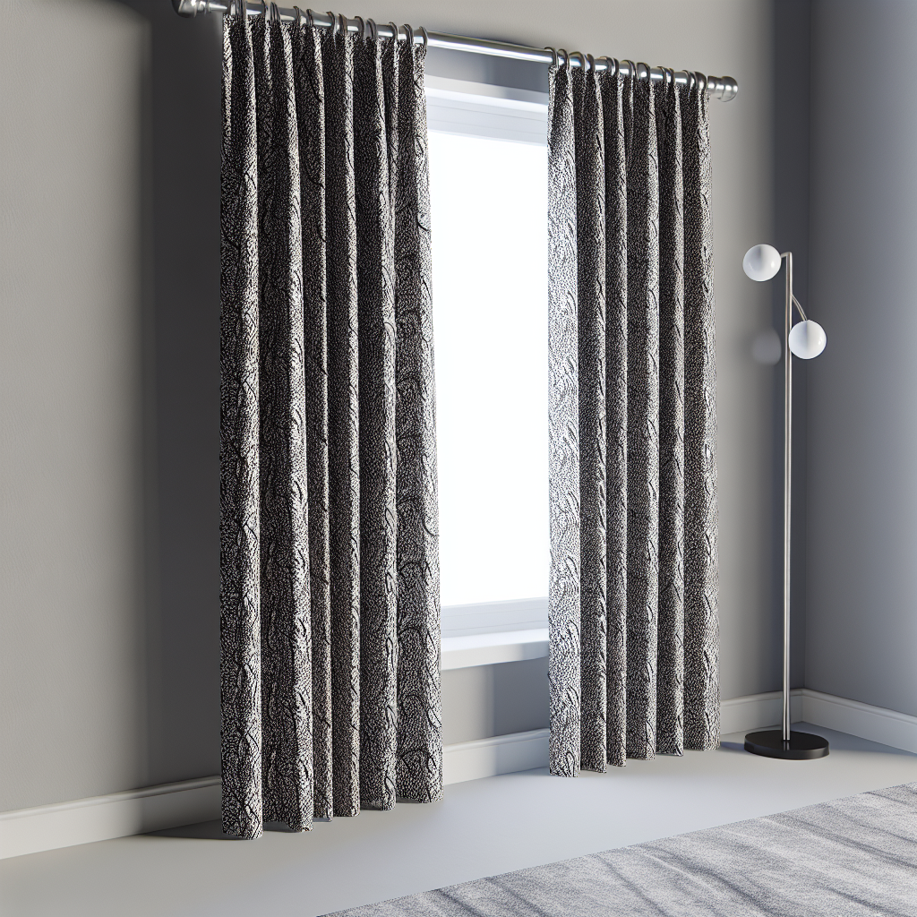 Rideau à motifs noirs et blancs avec plis réguliers, suspendu à une tringle métallique dans une pièce aux murs gris, éclairage naturel.