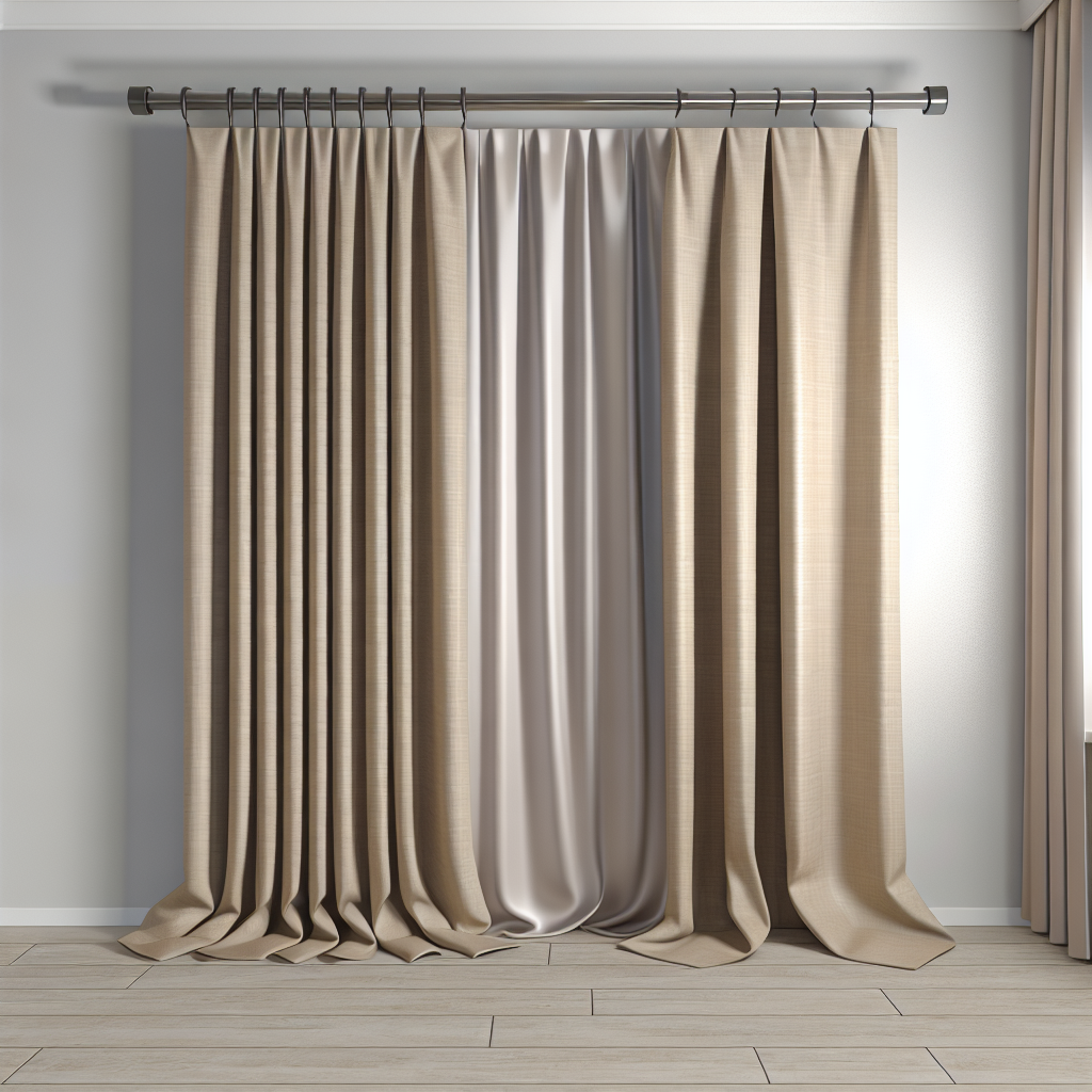 Rideau beige texturé avec doublure satinée grise, plis droits, tringle métallique, dans une pièce aux murs et sol clairs.