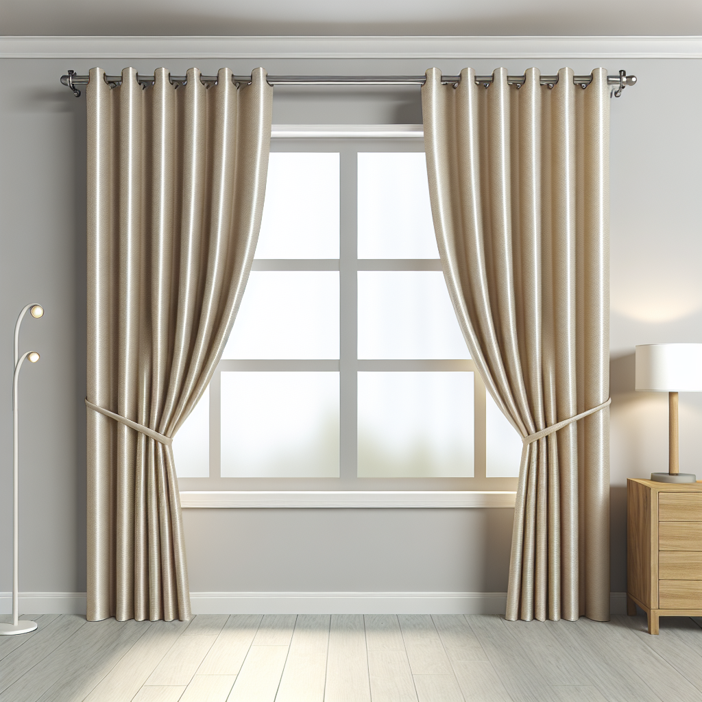 Rideau beige clair en tissu épais avec plis réguliers, tringle métallique, dans un salon moderne avec sol en bois clair et lampe blanche.