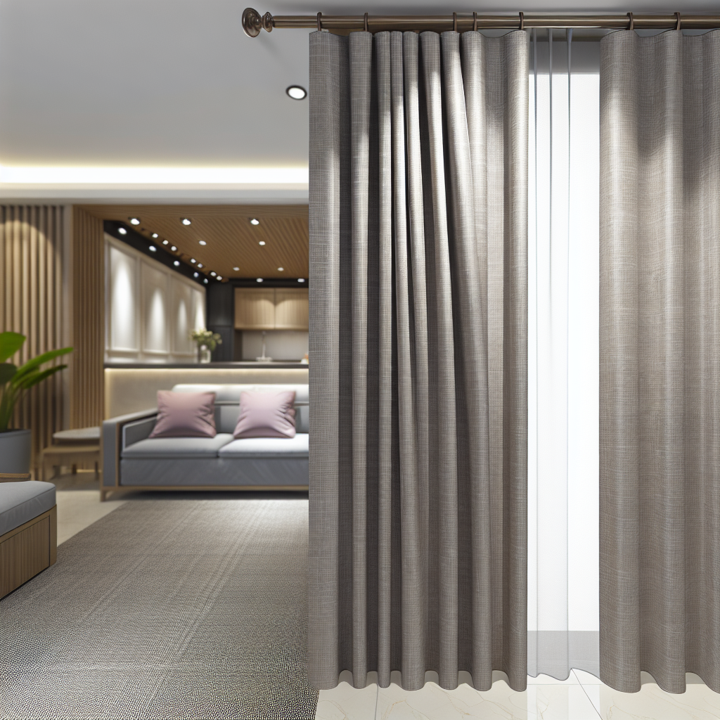 Rideau en tissu gris texturé avec plis réguliers, suspendu à une tringle métallique dans un salon moderne avec éclairage encastré.