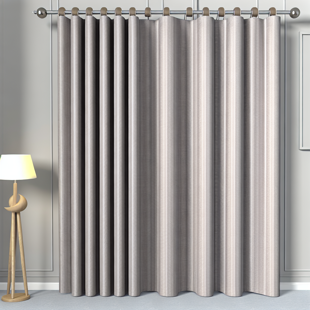 Rideau gris clair en tissu épais avec plis réguliers, suspendu à une tringle métallique dans une pièce aux murs gris, lampe en bois à gau...