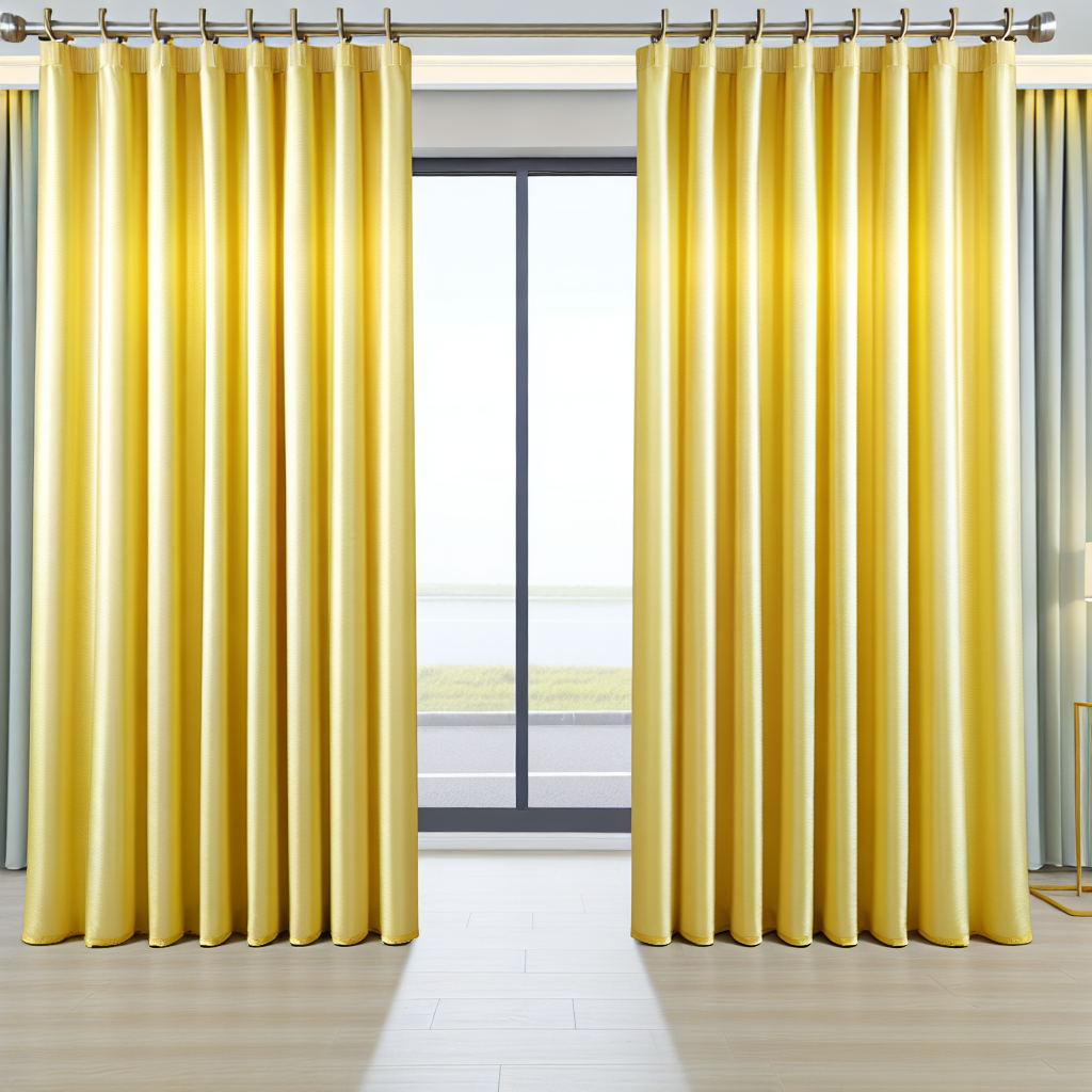 Rideau jaune vif en tissu lisse avec plis réguliers, suspendu à une tringle métallique dans une pièce lumineuse avec sol en bois clair.