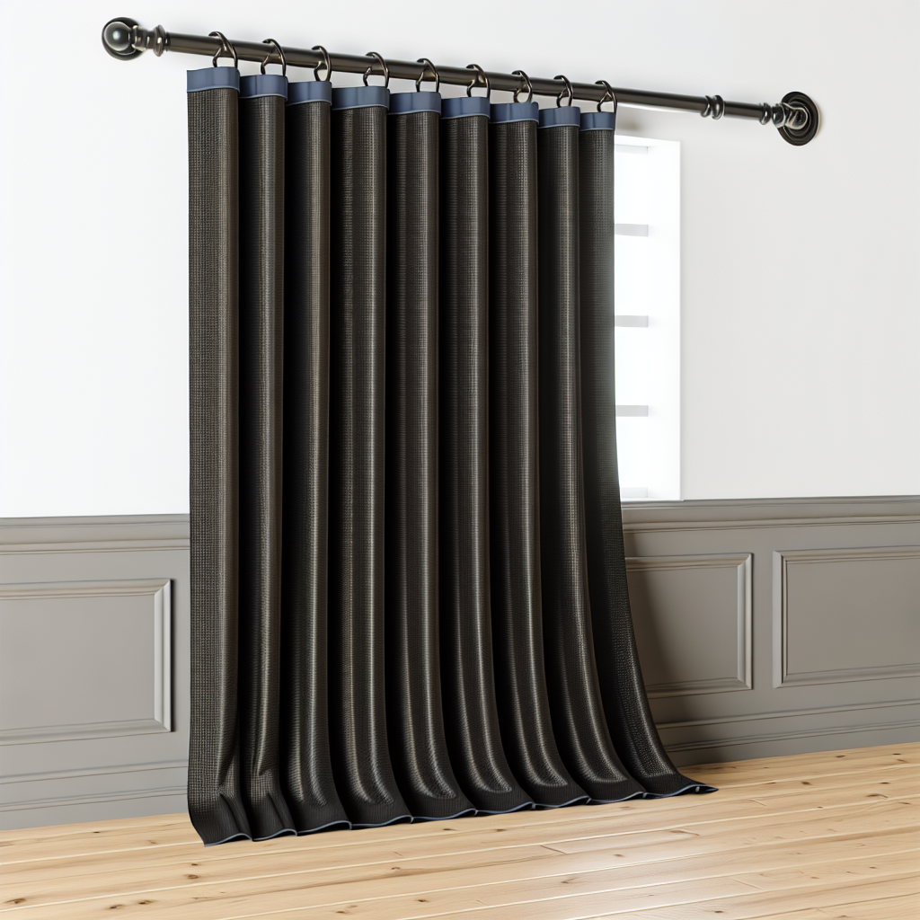 Rideau en tissu noir texturé avec bande bleue, plis réguliers, tringle noire, dans une pièce aux murs blancs et lambris gris.