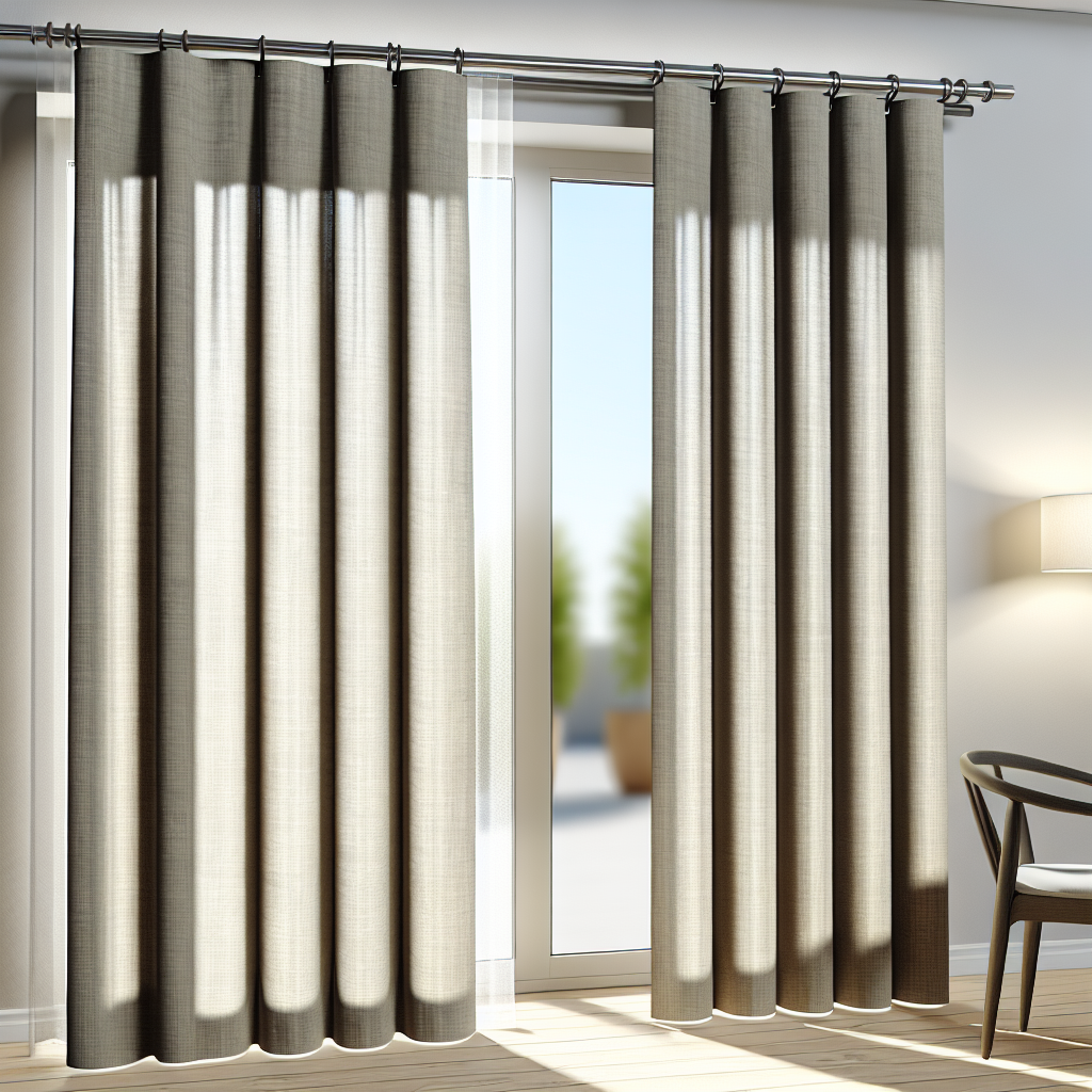 Rideau en tissu gris clair avec texture fine, plis réguliers, tringle métallique, dans un salon lumineux avec sol en bois et chaise moderne.