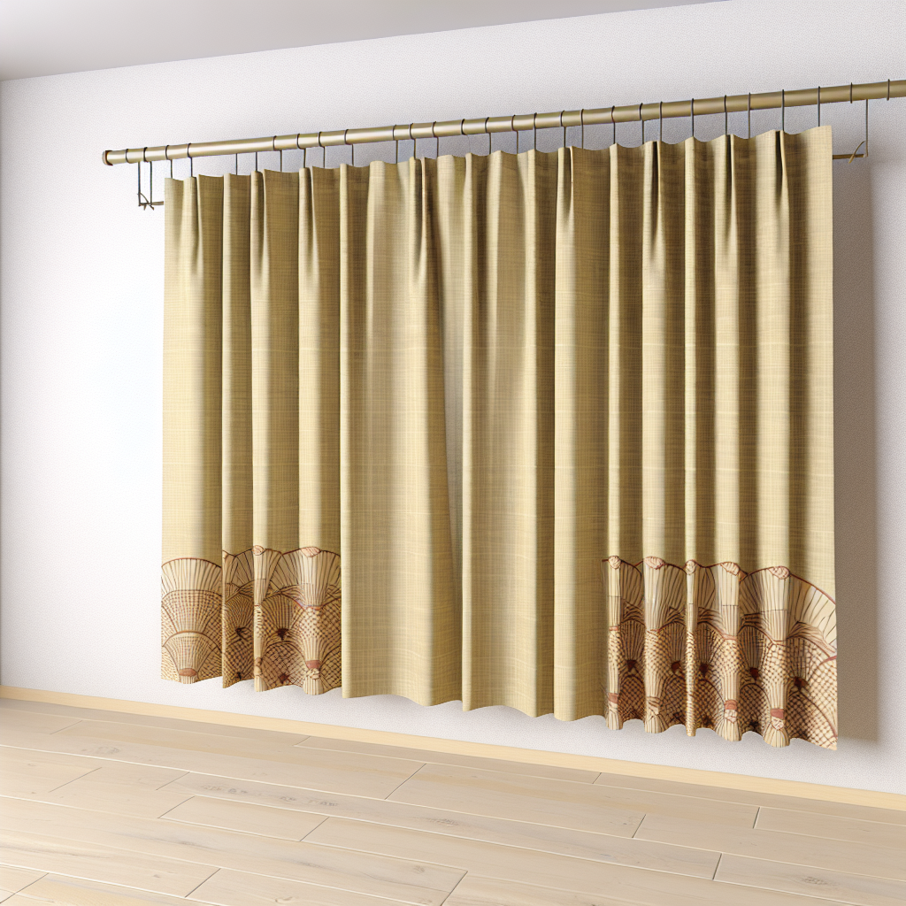 Rideau beige à motifs géométriques rouges en bas, plis droits, tringle dorée, dans une pièce aux murs blancs et sol en bois clair.
