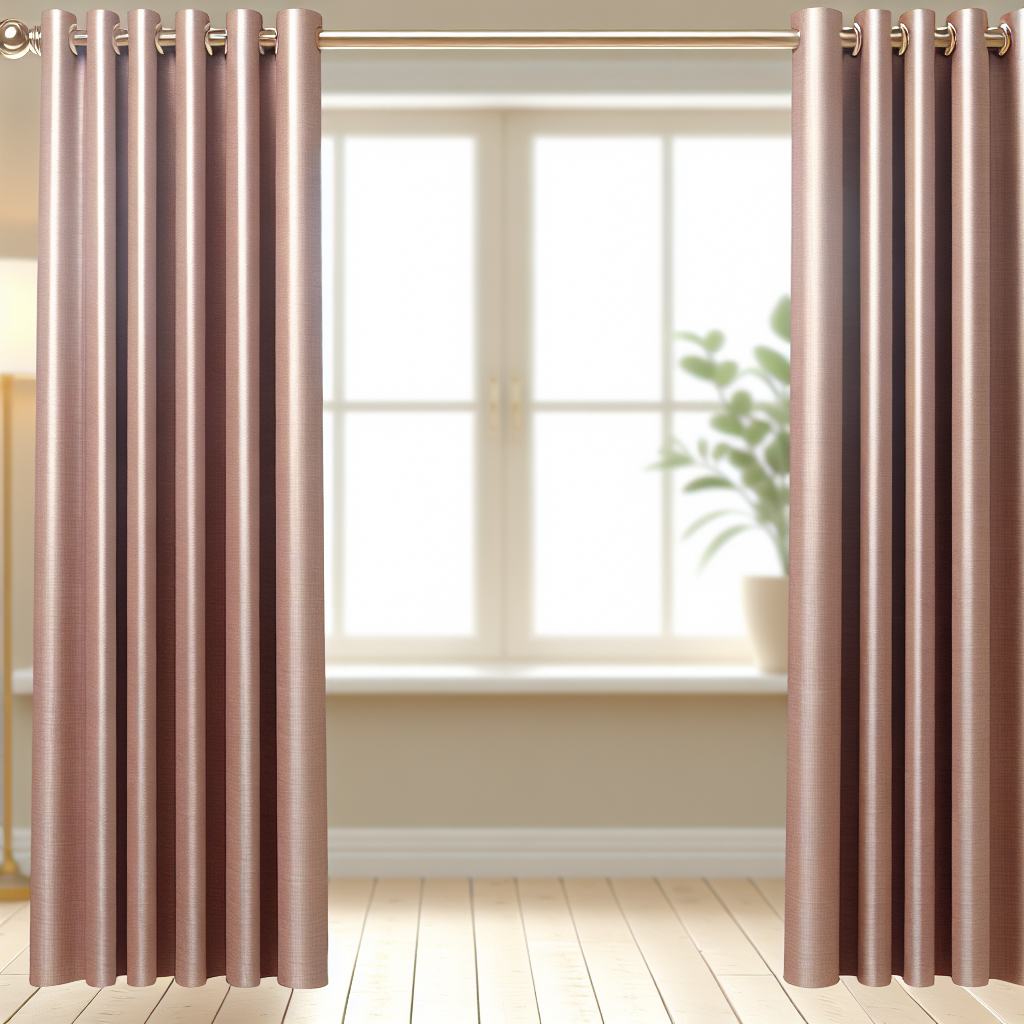 Rideau en tissu rose pâle avec plis réguliers, suspendu à une tringle dorée dans une pièce lumineuse avec sol en bois clair et plante verte.