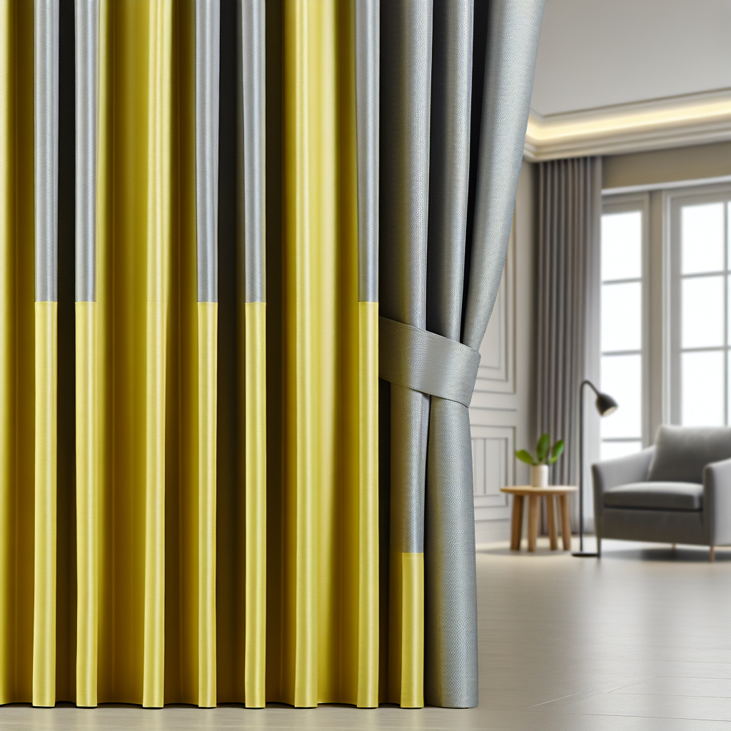 Rideau bicolore jaune et gris avec plis droits, tissu texturé, dans un salon moderne avec canapé gris et lampe noire.