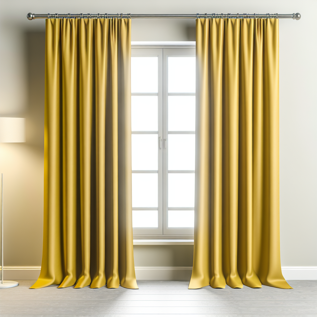 Rideau en tissu jaune doré avec plis réguliers, suspendu à une tringle métallique dans une pièce aux murs gris clair, éclairage doux.
