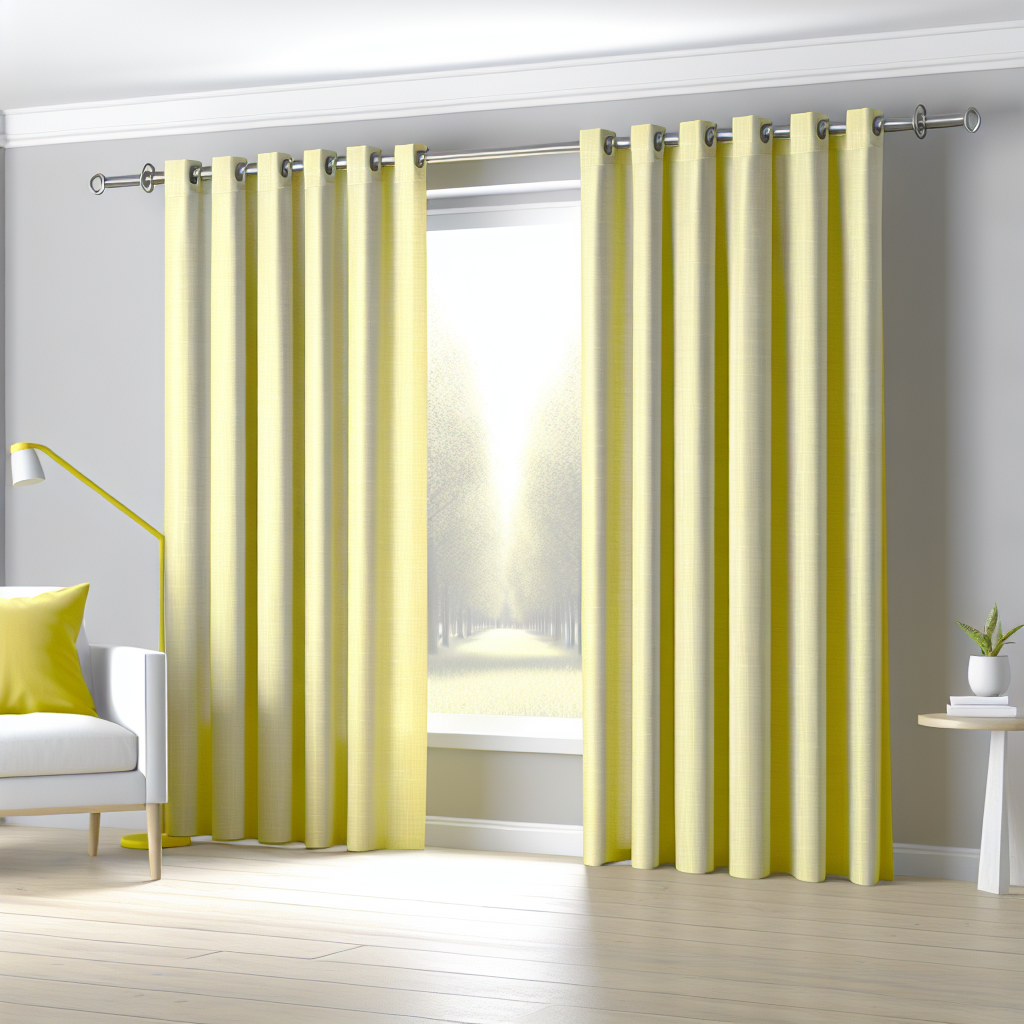 Rideau jaune clair à texture subtile, plis réguliers, tringle métallique, dans un salon moderne avec murs gris et sol en bois clair.