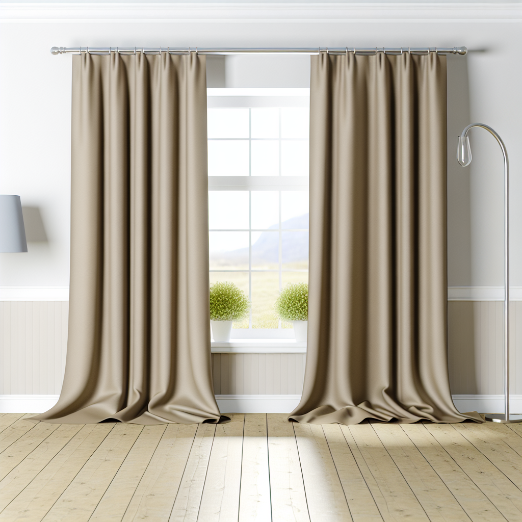 Rideau beige en tissu épais avec plis souples, suspendu à une tringle métallique, dans une pièce lumineuse avec sol en bois clair.