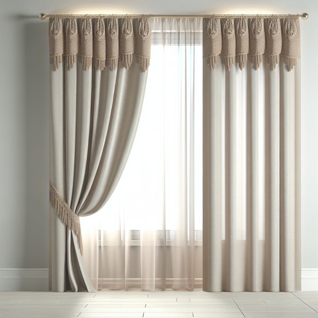 Rideau beige avec motifs en macramé, plis souples, tringle dorée, lumière douce filtrant à travers, sol en bois clair, mur blanc.