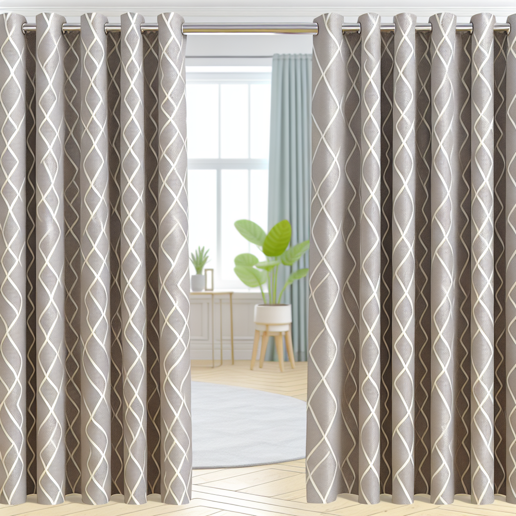 Rideau gris à motifs géométriques blancs, plis réguliers, tringle métallique, dans un salon lumineux avec plante et tapis clair.