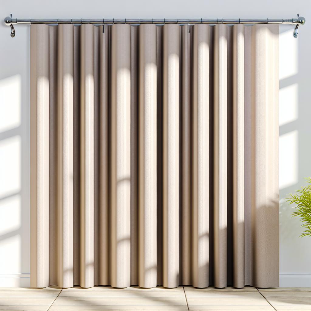 Rideau beige clair en tissu épais avec plis réguliers, suspendu à une tringle métallique dans une pièce lumineuse avec sol en bois.