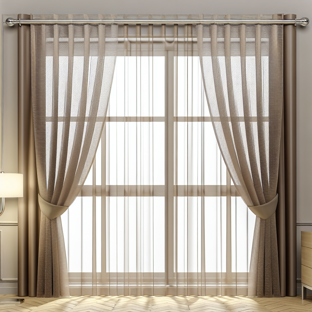 Rideau beige semi-transparent avec motifs fins, plis souples, tringle métallique, lumière douce filtrant, dans un salon moderne.