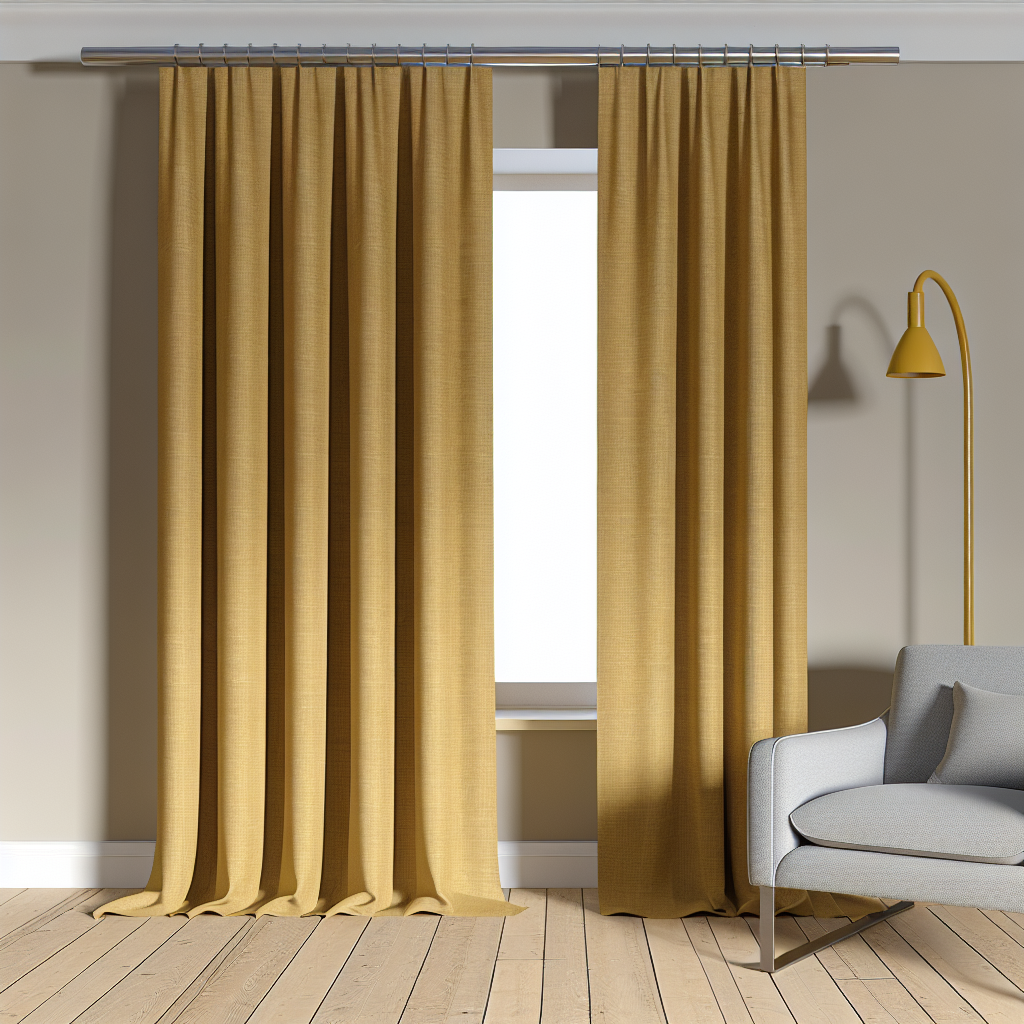 Rideau en tissu jaune moutarde avec plis droits, tringle métallique, dans un salon beige avec lampe jaune et fauteuil gris.
