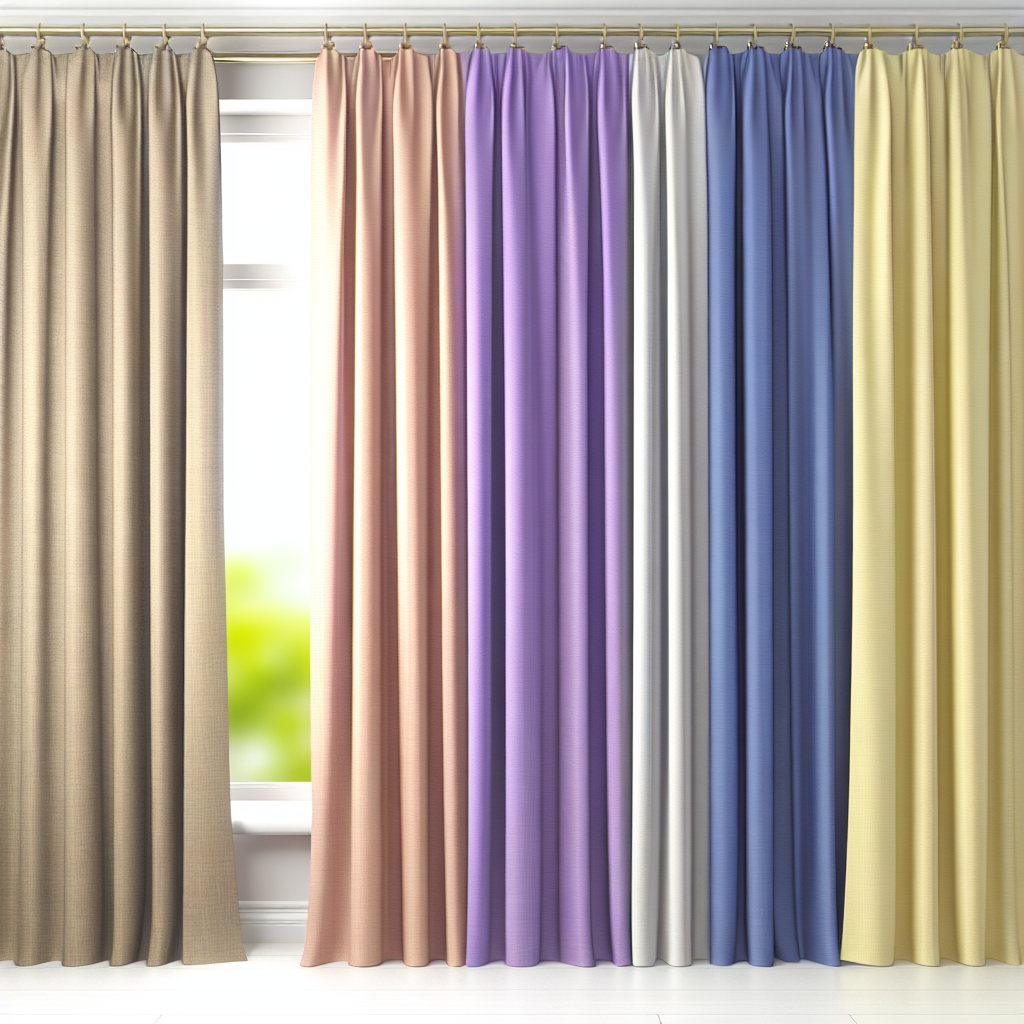 Rideau multicolore en tissu lisse avec plis réguliers, suspendu à une tringle dorée dans une pièce lumineuse avec fenêtre.