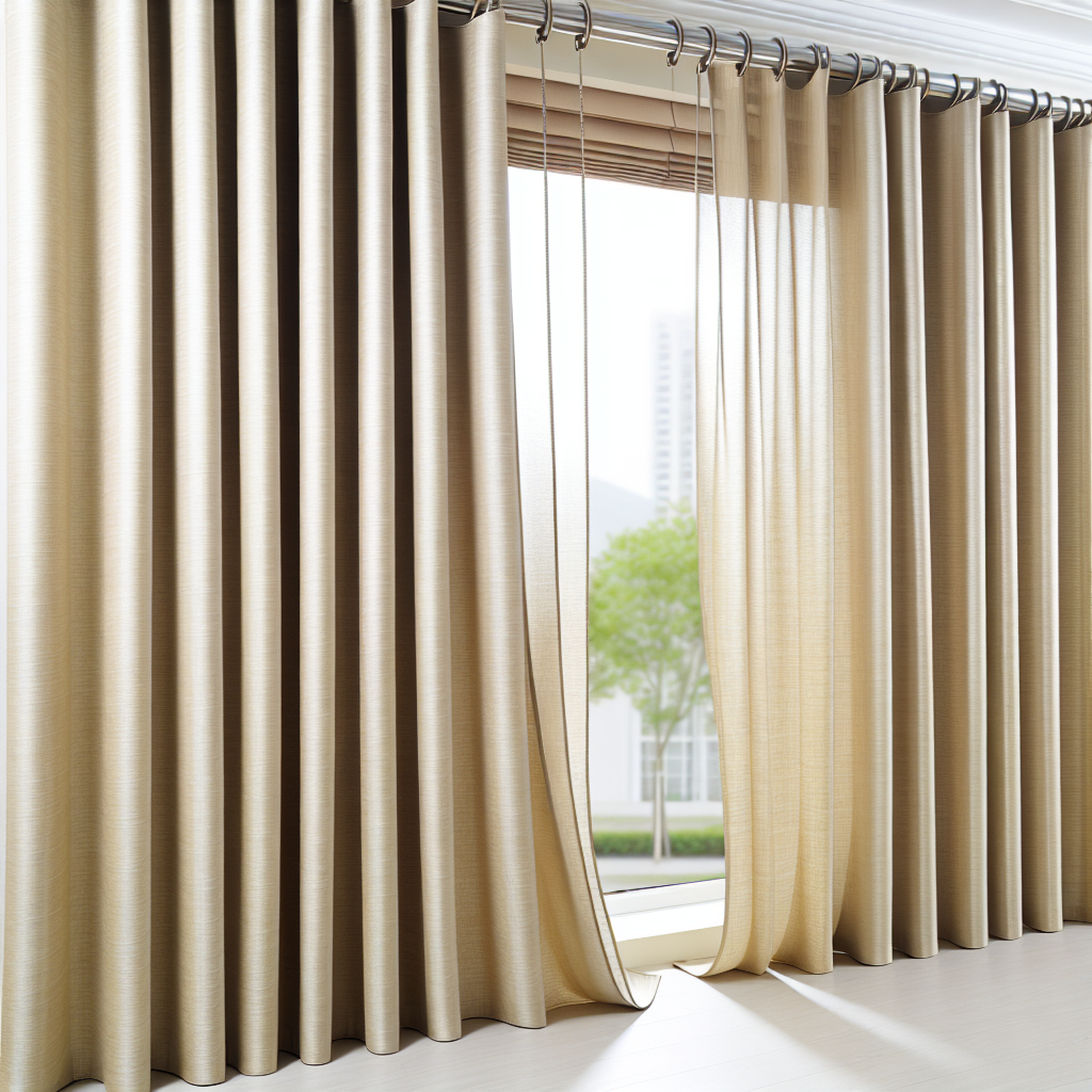 Rideau beige clair en tissu épais avec plis réguliers, suspendu à une tringle métallique dans une pièce lumineuse avec vue sur un arbre.