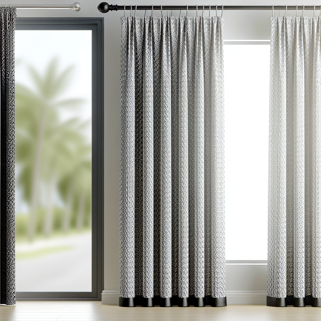 Rideau en tissu texturé noir et blanc avec plis réguliers, tringle noire, lumière naturelle forte, sol en bois clair, fenêtre floue.
