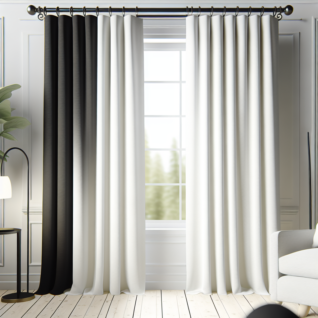 Rideau bicolore noir et blanc à plis réguliers, tringle noire, dans un salon lumineux avec sol en bois clair et murs blancs.
