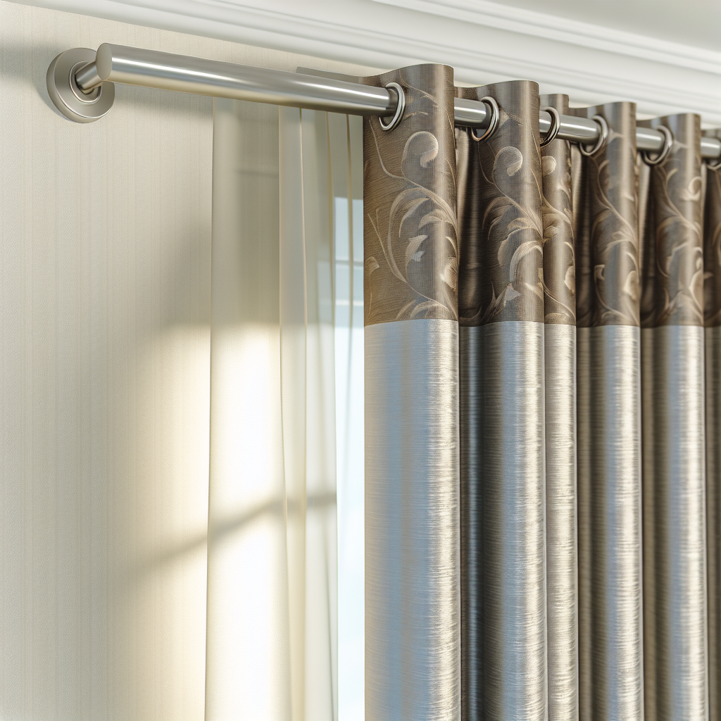 Rideau en tissu gris et brun avec motifs floraux, plis réguliers, tringle métallique, lumière douce filtrant à travers, mur clair.