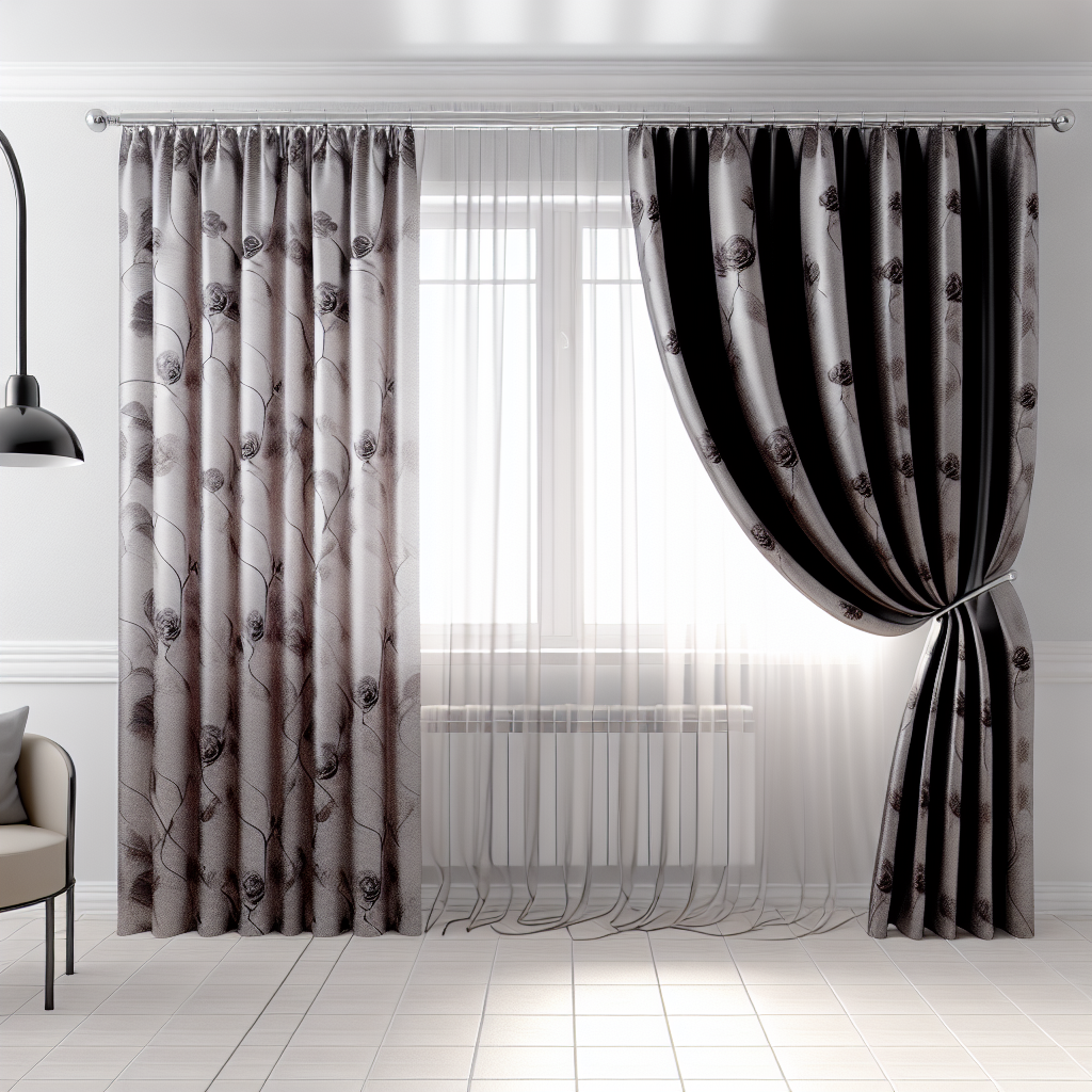 Rideau en tissu épais gris avec motifs floraux, plis marqués, tringle métallique, dans une pièce lumineuse aux murs blancs et sol carrelé.