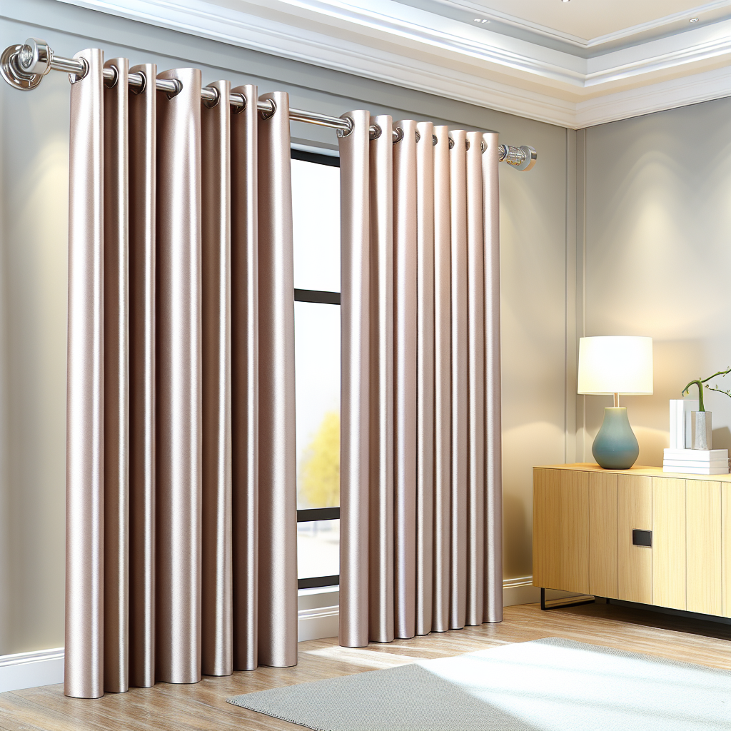 Rideau en satin beige clair avec plis réguliers, tringle métallique argentée, dans un salon moderne avec lampe et meuble en bois clair.