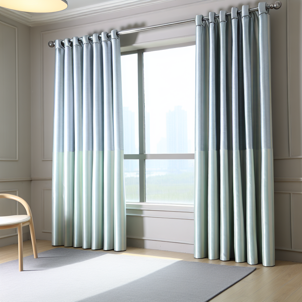 Rideau en tissu bleu clair et vert pâle, plis droits, tringle métallique, dans une pièce lumineuse avec sol en bois et chaise en bois clair.