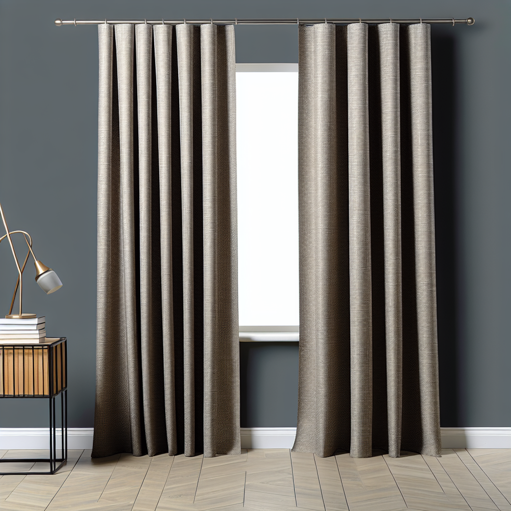Rideau en tissu texturé gris taupe avec plis réguliers, suspendu à une tringle métallique dans une pièce aux murs gris et sol en bois clair.
