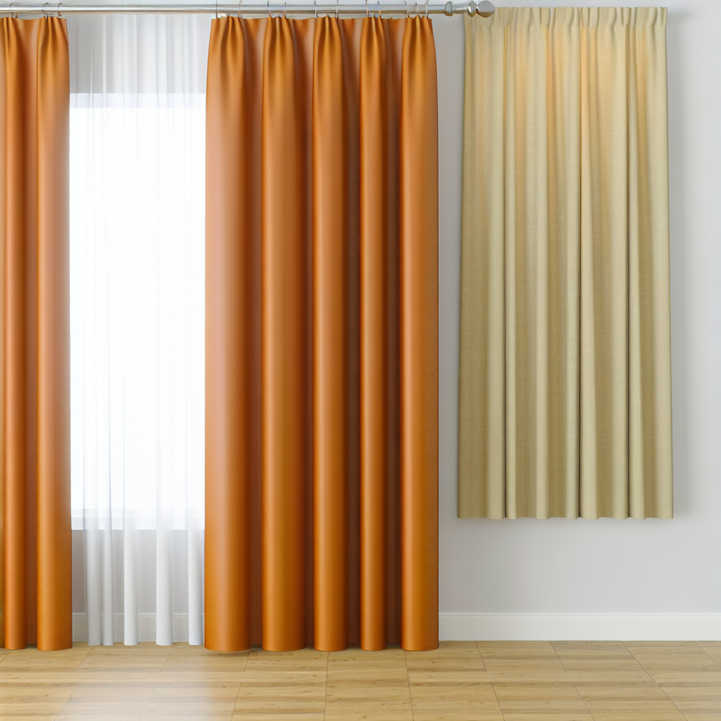 Rideau orange satiné à plis réguliers sur tringle argentée, à côté d'un rideau beige texturé, sol en bois clair, mur blanc.